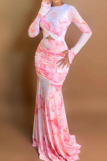 casual slight stretch tie-dye print slim fit shirring hollow maxi dress