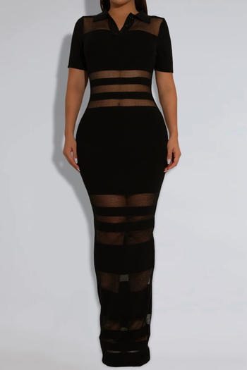 sexy plus size slight stretch see-through mesh splicing short-sleeved maxi dress