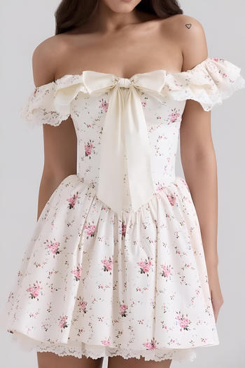 casual non-stretch floral prints off-shoulder bow-decor pleated mini dress