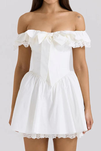 casual non-stretch solid color off-shoulder bow-decor pleated mini dress