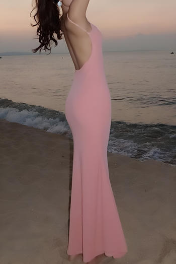 sexy slight stretch solid color sling slim backless maxi mermaid dress