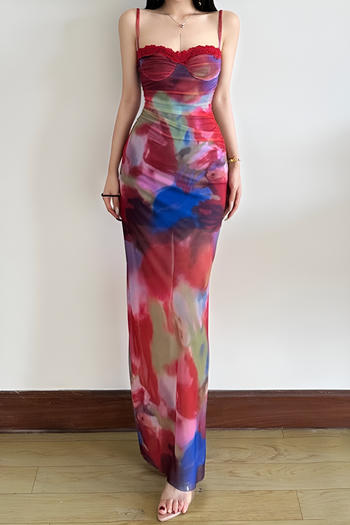 casual slight stretch sling slim see-through mesh tie-dye print maxi dress