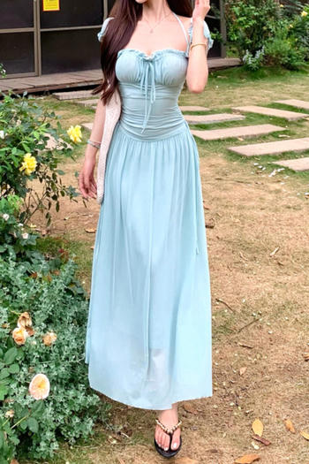 casual slight stretch solid color halter-neck drawstring maxi dress