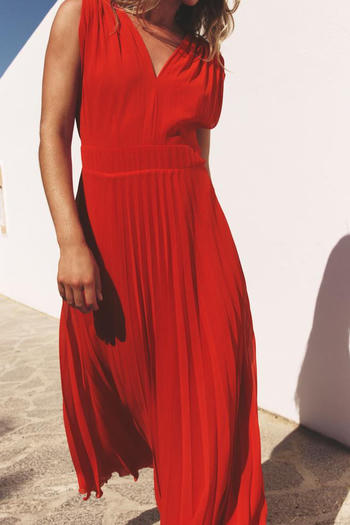 sexy non-stretch solid color pleated v-neck midi dress