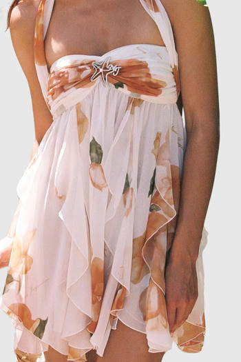sexy non-stretch halter-neck batch printing ruffle mini dress