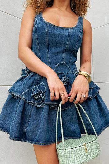 casual non-stretch denim flower decor zip-up mini dress