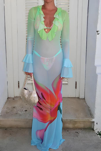 sexy stretch see through mesh gradient v-neck ruffle maxi dress(no underwear)