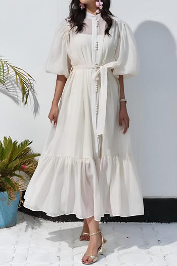 casual non-stretch 4 colors crew neck with belt two-piece set midi dress