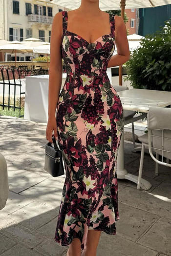 sexy slight stretch grape batch printing sling midi dress
