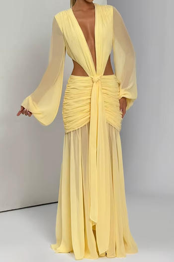 sexy non-stretch deep v-neck solid color lace-up maxi dress