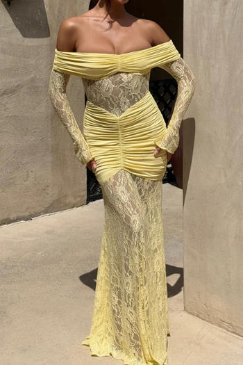 sexy slight stretch stitching see-through lace off shoulder maxi dress