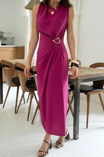 Casual non-stretch solid color crew neck slit midi dress