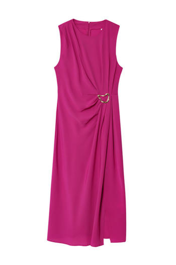Casual non-stretch solid color crew neck slit midi dress