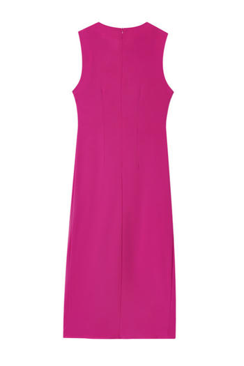 Casual non-stretch solid color crew neck slit midi dress