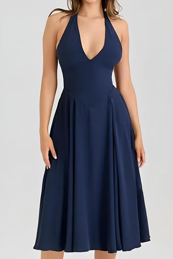 Casual non-stretch halter-neck solid color zip-up midi dress