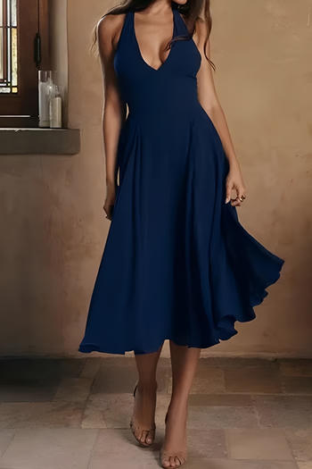Casual non-stretch halter-neck solid color zip-up midi dress