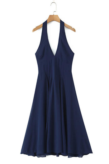 Casual non-stretch halter-neck solid color zip-up midi dress