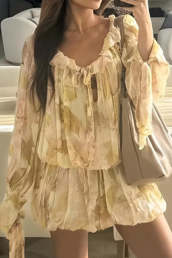 Casual non-stretch crew neck leaf batch printing mini dress