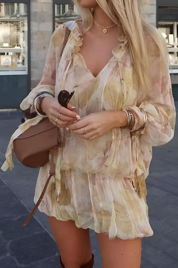 Casual non-stretch crew neck leaf batch printing mini dress