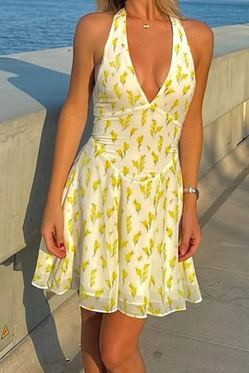Sexy non-stretch halter-neck floral batch printing zip-up mini dress