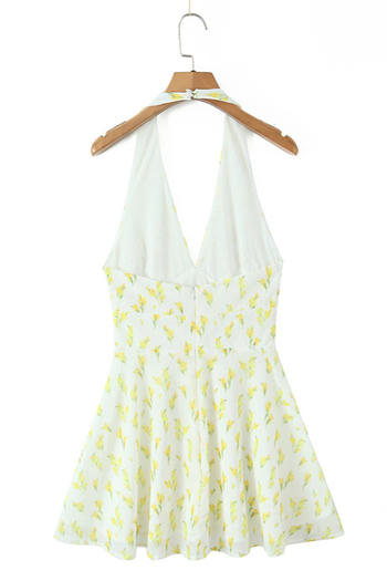 Sexy non-stretch halter-neck floral batch printing zip-up mini dress
