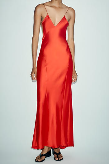 Sexy non-stretch deep v-neck solid color sling maxi dress