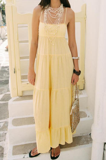 sexy non-stretch solid color backless lace-up sling maxi dress