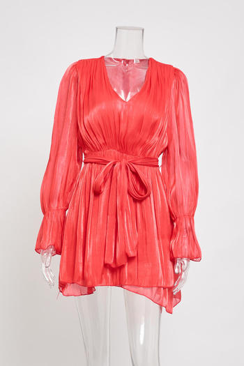 casual non-stretch 4 colors deep v-neck with belt mini dress