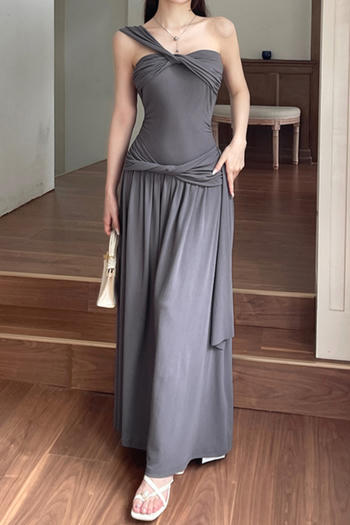 casual stretch one shoulder solid color shirring maxi dress(size run small)