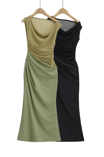 sexy slight stretch stitching mesh crew neck zip-up shirring midi dress