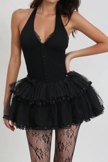 sexy slight stretch halter-neck stitching lace mini dress(size run small)