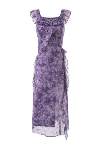 sexy slight stretch ruffle decor square neck slit midi dress(size run small)