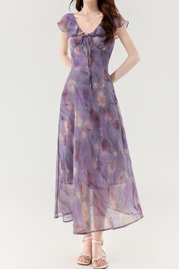 casual slight stretch flower batch printing ruffle midi dress(size run small)