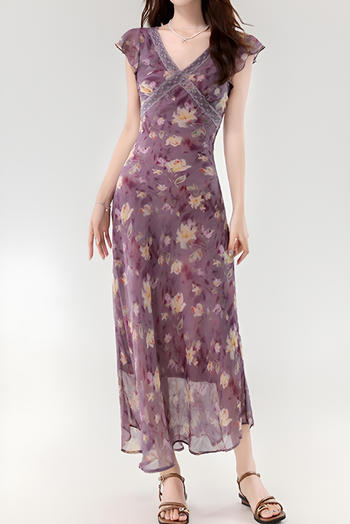 casual stretch v-neck lace trim flower batch printing midi dress(size run small)