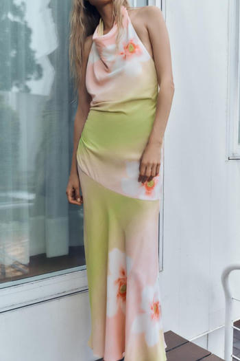 sexy non-stretch halter-neck flower batch printing maxi dress