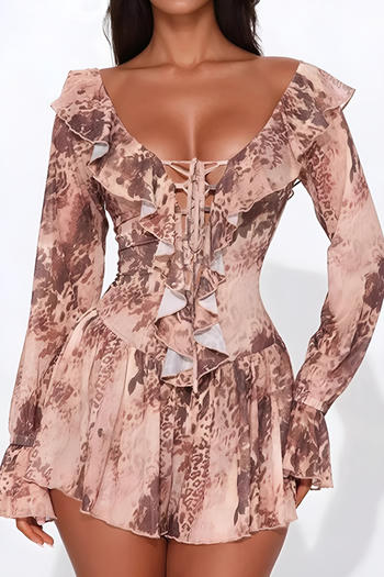 stylish slight stretch mesh graphic printing v-neck ruffle with lined mini dress