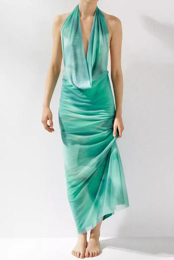 sexy slight stretch mesh halter-neck batch printing maxi dress
