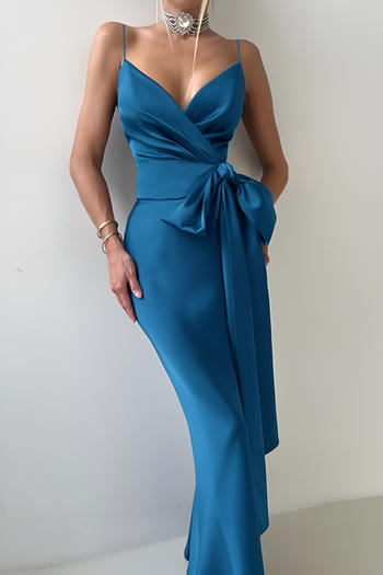 sexy slight stretch solid color sling slim satin bow lace-up maxi dress