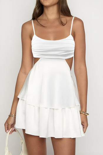 xs-l stylish slight stretch pure colour waist hollow mini dress