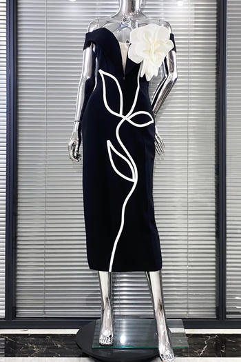 elegant slight stretch slim fit three-dimensional flower decor slit midi dress