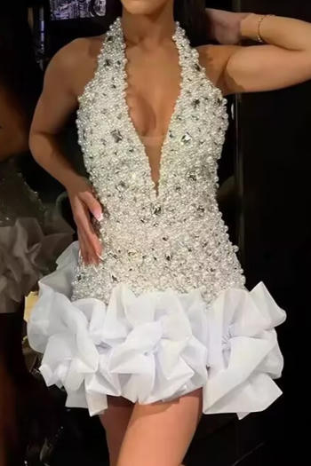 sexy non-stretch deep v pearl rhinestone 3d flower decor slim mini dress