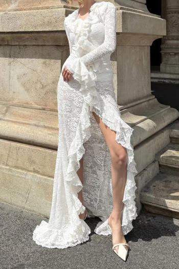 sexy slight stretch stitching lace v-neck ruffle decor slit maxi dress