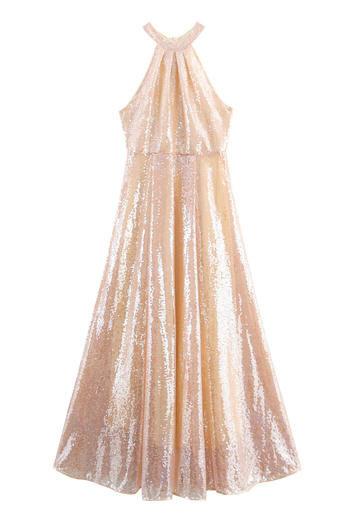 elegant non-stretch crew neck sequin decor zip-up maxi dress