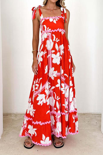 casual non-stretch lace-up sling floral print maxi dress