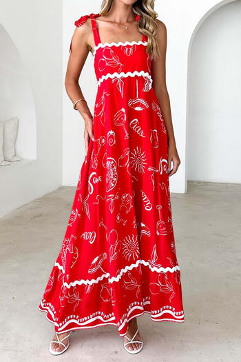 casual non-stretch lace-up sling batch printing maxi dress