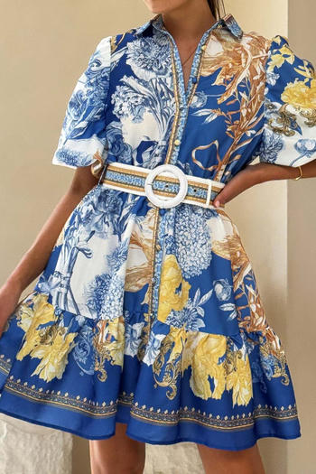 casual non-stretch batch printing short-sleeve mini dress with belt
