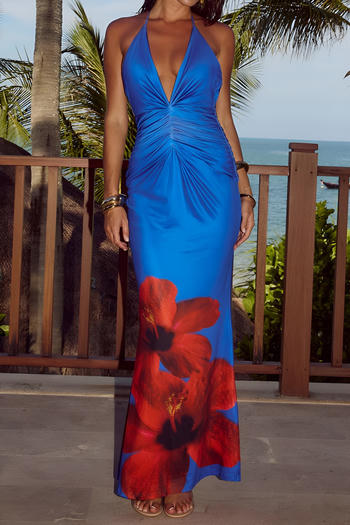 sexy slight stretch deep v-neck slim floral print pleated backless maxi dress #1