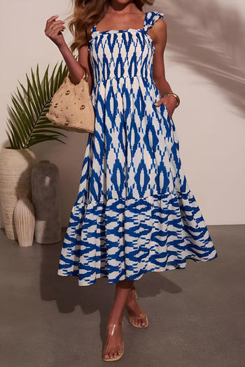 casual non-stretch sling printed pleated midi dress