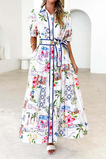casual non-stretch batch printed short-sleeved maxi dress with belt