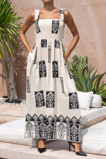 casual non-stretch sling batch printing with pocket maxi dress